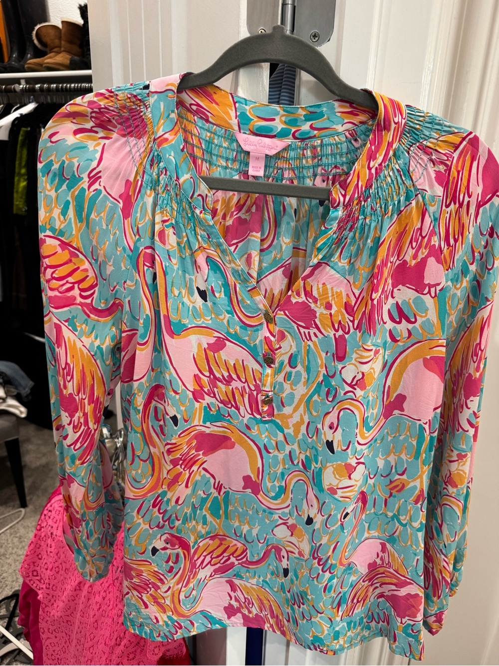 Lilly Pulitzer Bright Flamingo-Print Long-Sleeve Blouse — Pink & Teal